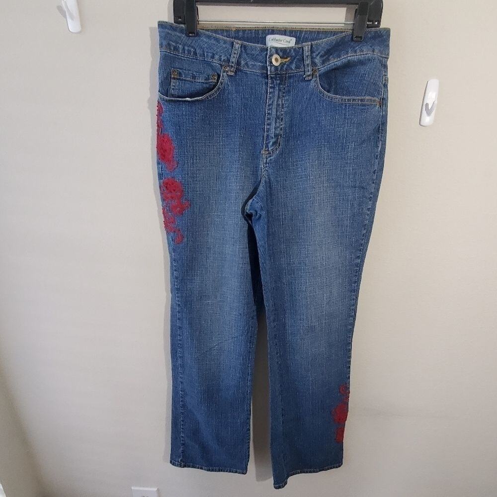 Coldwater Creek Womens Jeans Blue Denim‎ Embroidered Roses Straight Leg Size 10